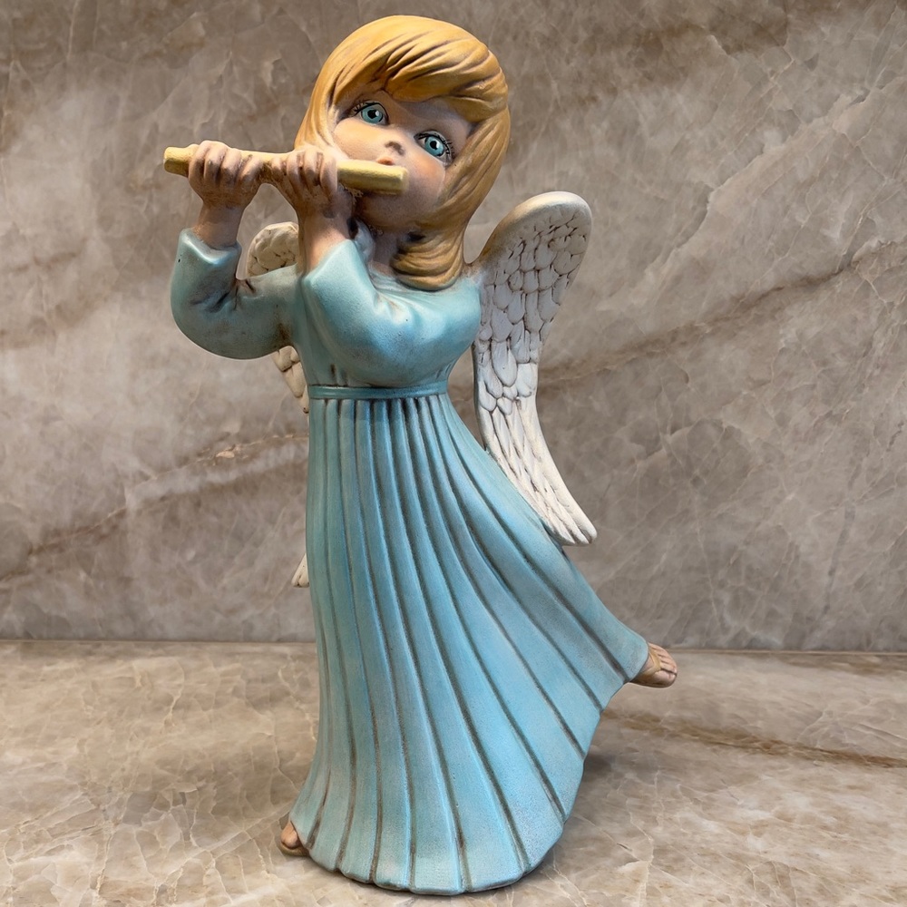 VTG Atlantic Mold Ceramic Hand Painted Blonde Angel‎ Play Flute 11.5” Pearlized